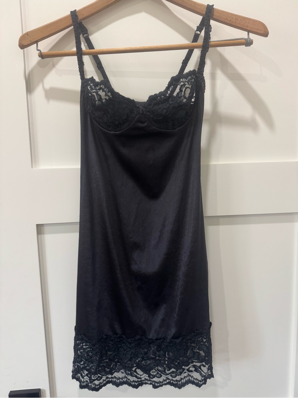 Vintage 1990-1993 Victoria's Secret Black Satin Lace-Trim Slip 34B